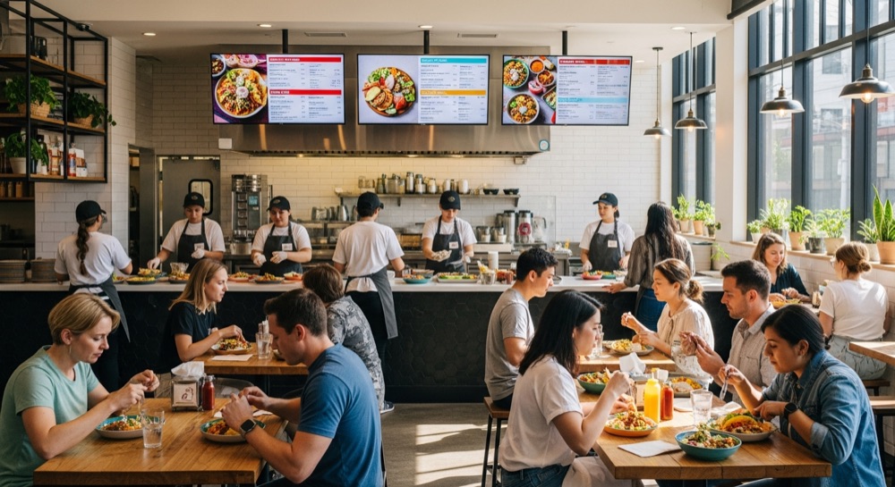 Interior de restaurante fast-casual moderno