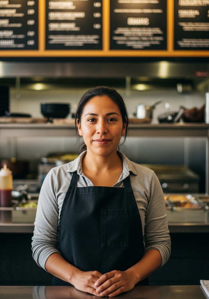 Dueña de restaurante en su mostrador